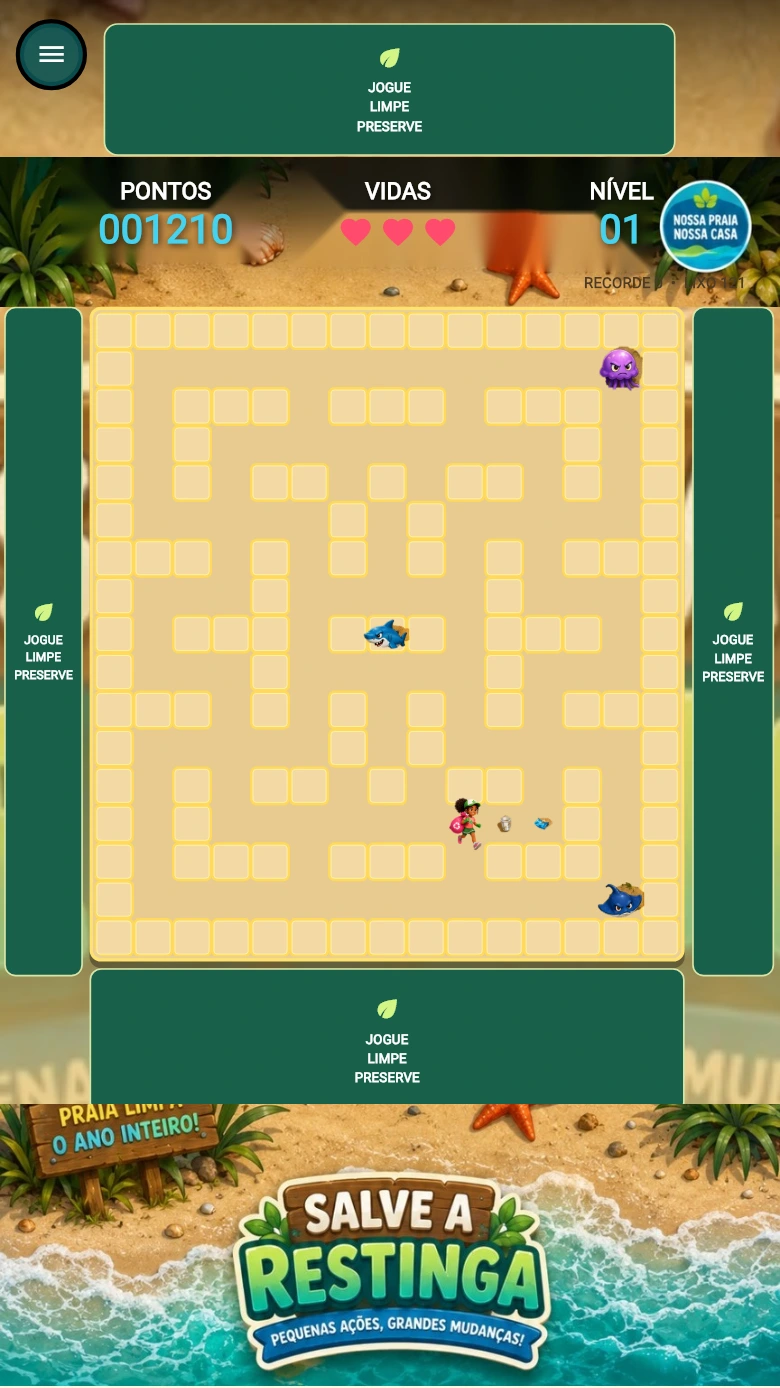Demonstração renderizada do jogo: a personagem recolhe os últimos itens, ganha o bônus de 500 pontos e passa do nível 1 para o nível 2, com o labirinto cheio novamente.
