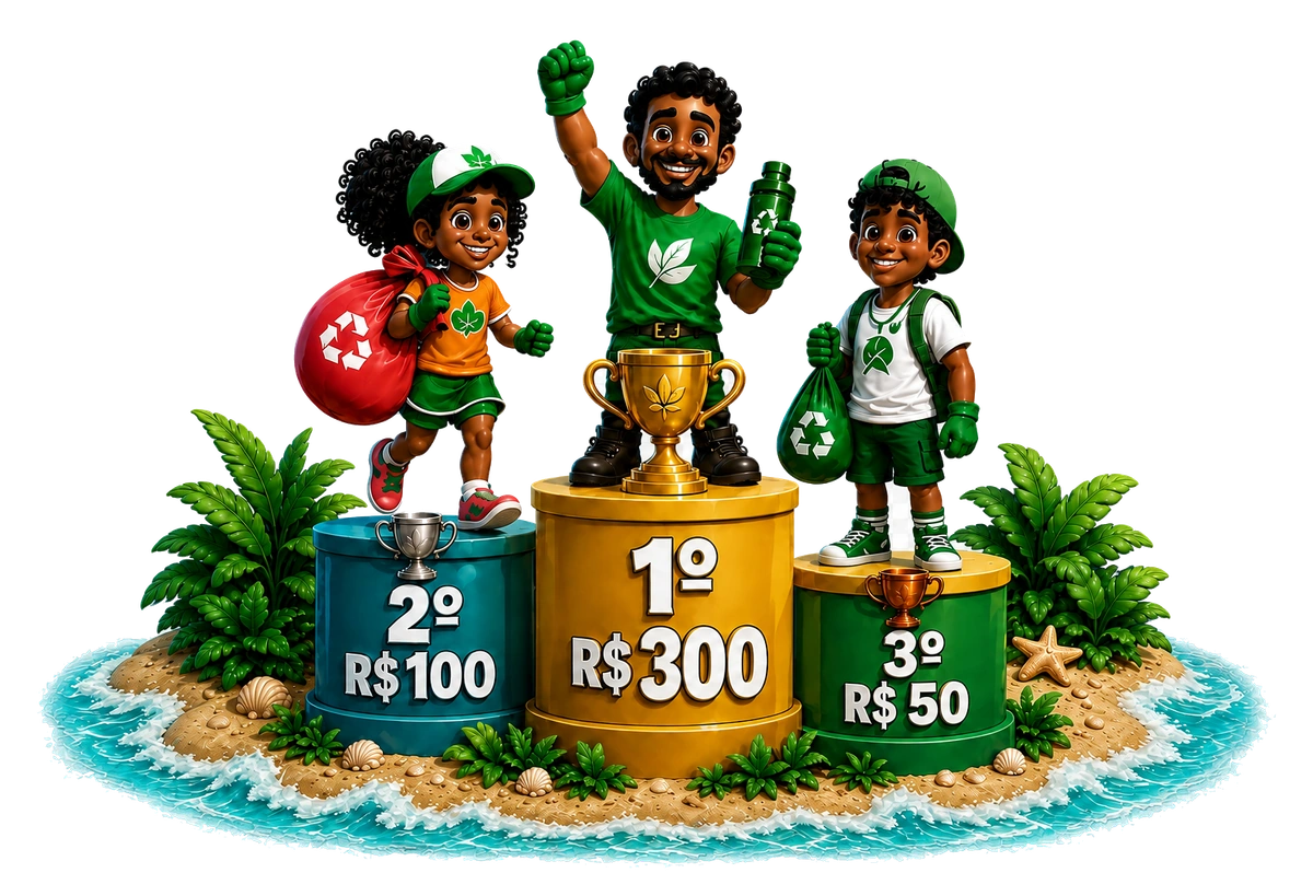 Os três personagens no pódio com seus troféus. Primeiro lugar R$ 300, segundo R$ 100 e terceiro R$ 50.